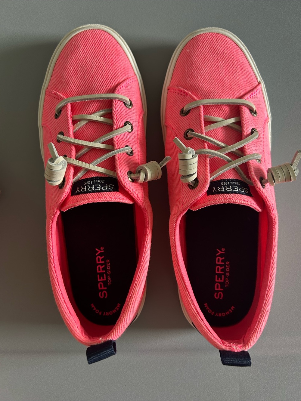 Sperry Coral Canvas Slip-On Sneakers with Navy Heel Tabs